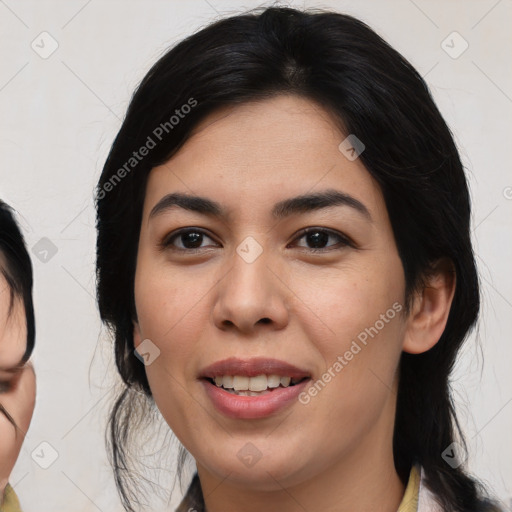 Joyful asian young-adult female with medium  black hair and brown eyes