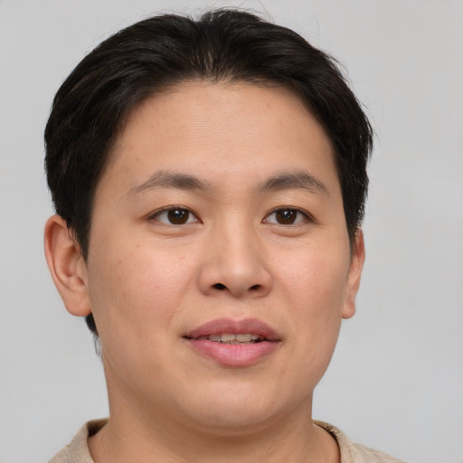 Joyful asian young-adult male with short  brown hair and brown eyes