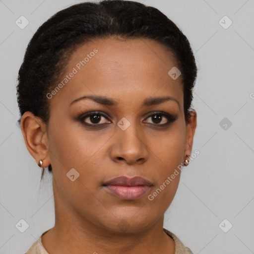 Neutral latino young-adult female with short  brown hair and brown eyes