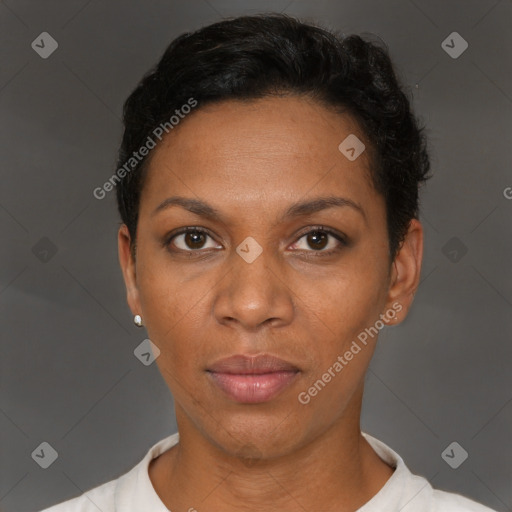 Neutral black young-adult female with short  brown hair and brown eyes