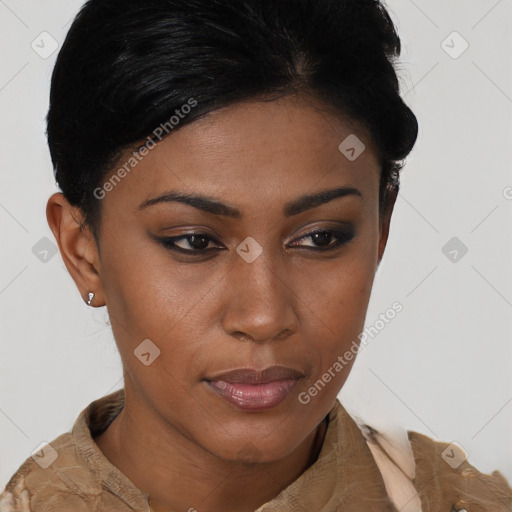 Joyful latino young-adult female with short  brown hair and brown eyes