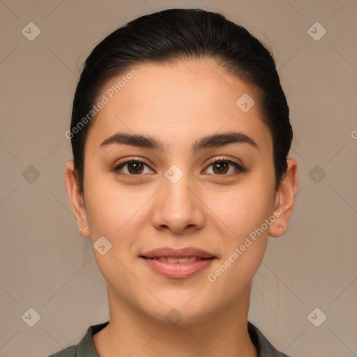 Joyful white young-adult female with medium  brown hair and brown eyes