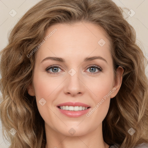 Joyful white young-adult female with long  brown hair and green eyes