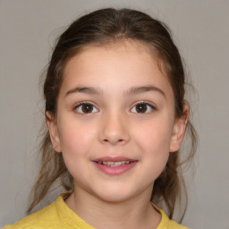 Joyful white child female with medium  brown hair and brown eyes