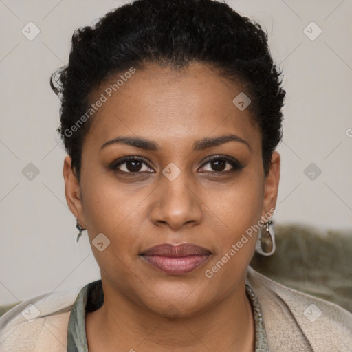 Joyful black young-adult female with short  brown hair and brown eyes