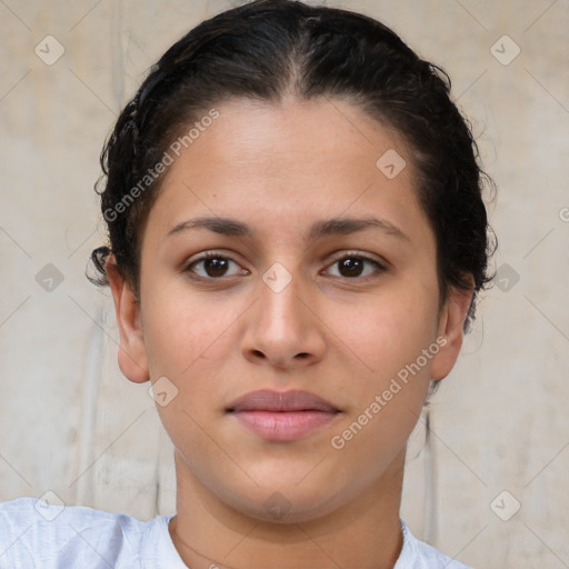 Neutral white young-adult female with short  brown hair and brown eyes