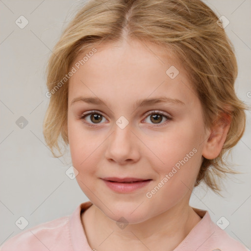 Joyful white child female with medium  brown hair and brown eyes