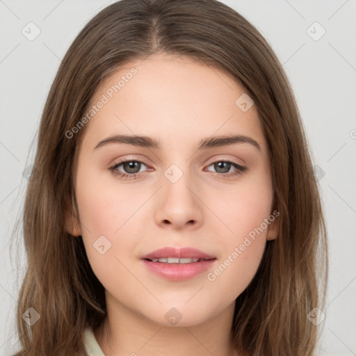 Neutral white young-adult female with long  brown hair and brown eyes