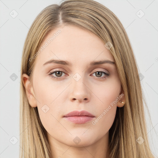 Neutral white young-adult female with long  brown hair and brown eyes