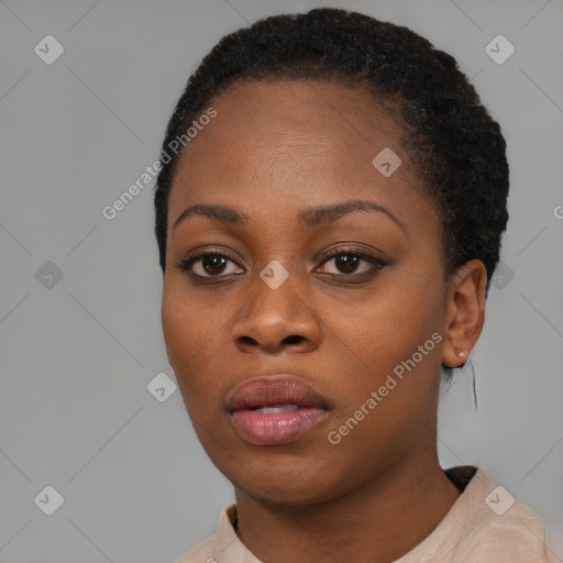 Neutral black young-adult female with short  black hair and brown eyes