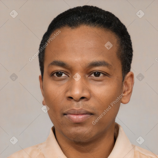 Neutral black young-adult male with short  black hair and brown eyes