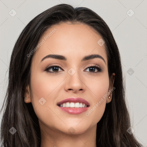 Joyful white young-adult female with long  black hair and brown eyes