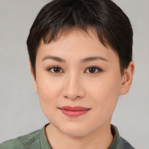 Joyful asian young-adult female with short  brown hair and brown eyes