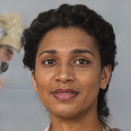 Joyful black adult female with short  brown hair and brown eyes