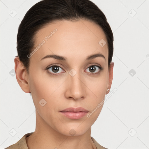 Neutral white young-adult female with medium  brown hair and brown eyes