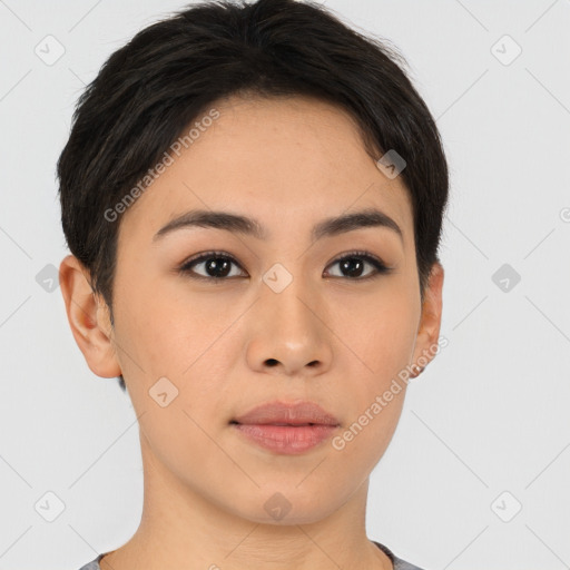 Neutral asian young-adult female with short  brown hair and brown eyes