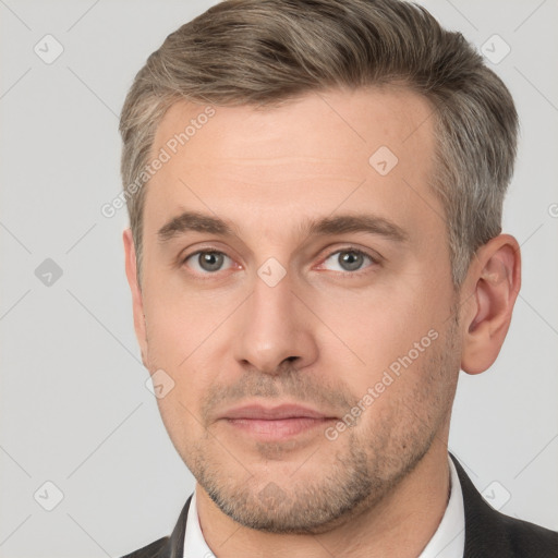 Neutral white adult male with short  brown hair and brown eyes