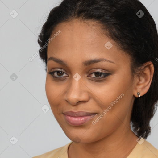 Joyful latino young-adult female with medium  brown hair and brown eyes