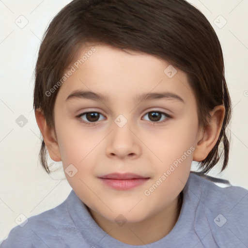 Joyful white child female with medium  brown hair and brown eyes