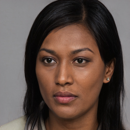 Neutral asian young-adult female with long  black hair and brown eyes