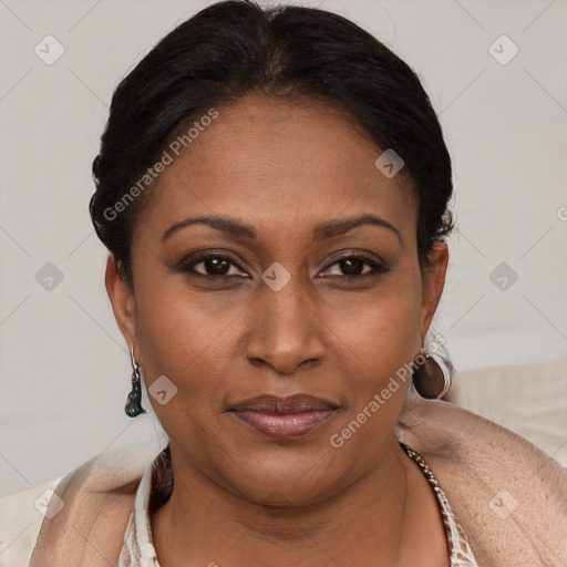 Joyful latino young-adult female with short  brown hair and brown eyes