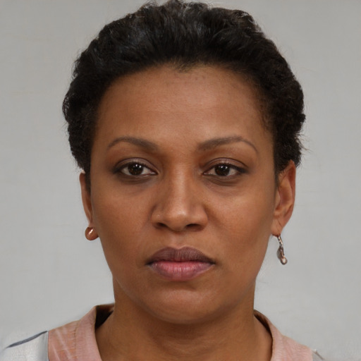 Neutral black young-adult female with short  brown hair and brown eyes