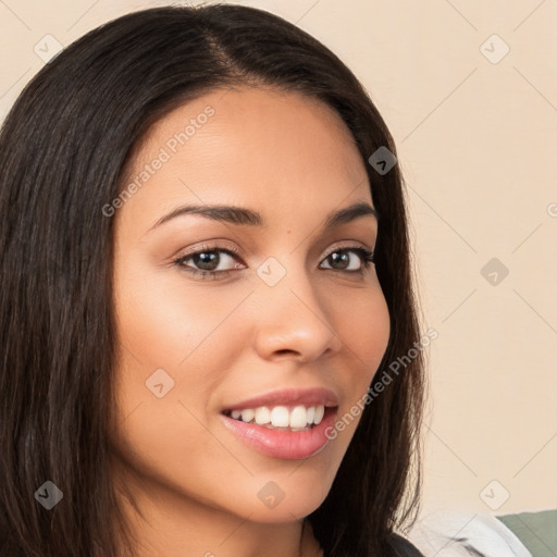 Joyful white young-adult female with long  brown hair and brown eyes