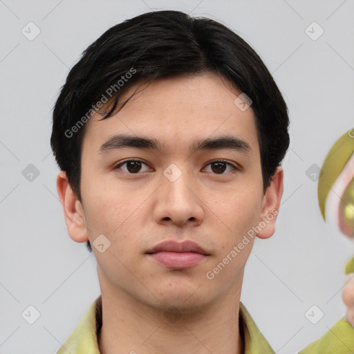 Neutral white young-adult male with short  black hair and brown eyes