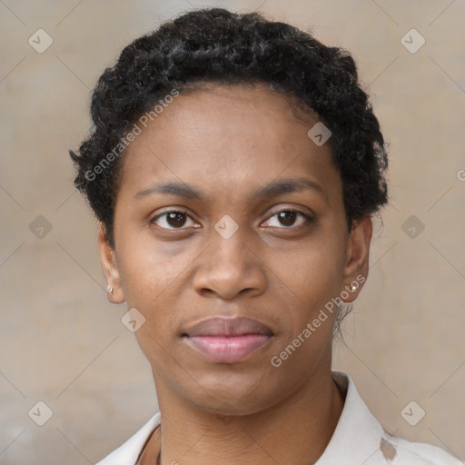 Neutral black young-adult female with short  black hair and brown eyes