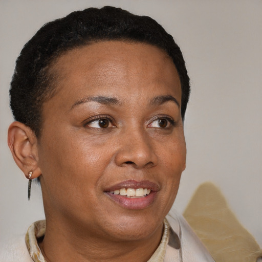 Joyful black adult female with short  brown hair and brown eyes