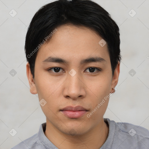 Neutral asian young-adult male with short  black hair and brown eyes