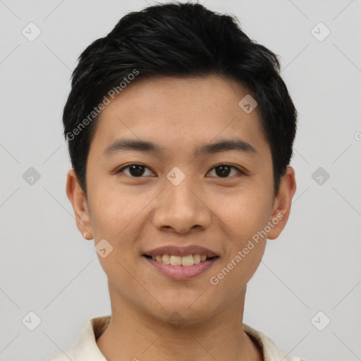 Joyful asian young-adult male with short  black hair and brown eyes