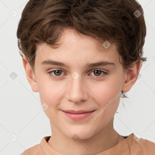 Joyful white child male with short  brown hair and brown eyes