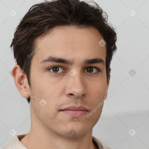 Neutral white young-adult male with short  brown hair and brown eyes