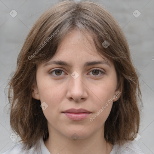 Neutral white young-adult female with medium  brown hair and grey eyes