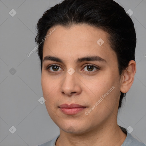 Joyful white young-adult female with medium  brown hair and brown eyes