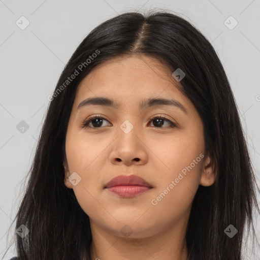 Neutral asian young-adult female with long  brown hair and brown eyes