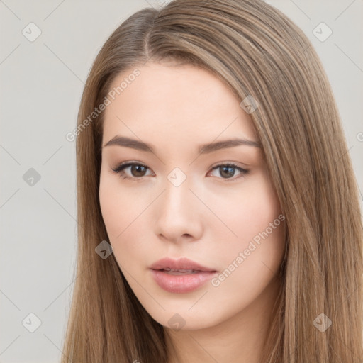 Neutral white young-adult female with long  brown hair and brown eyes