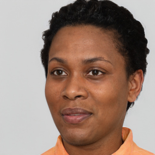 Joyful black adult female with short  black hair and brown eyes