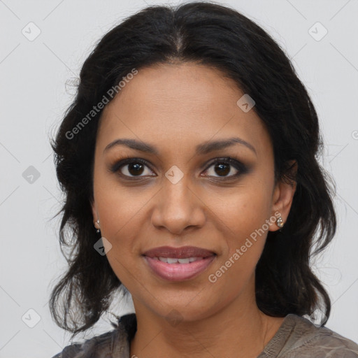 Joyful black young-adult female with medium  brown hair and brown eyes