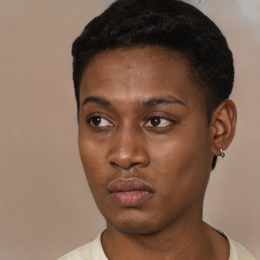 Neutral latino young-adult female with short  black hair and brown eyes