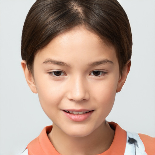 Joyful white child female with short  brown hair and brown eyes