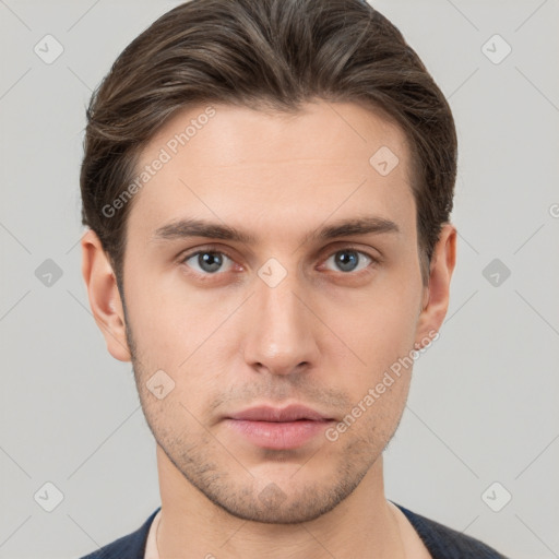 Neutral white young-adult male with short  brown hair and brown eyes