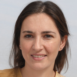 Joyful white adult female with medium  brown hair and brown eyes