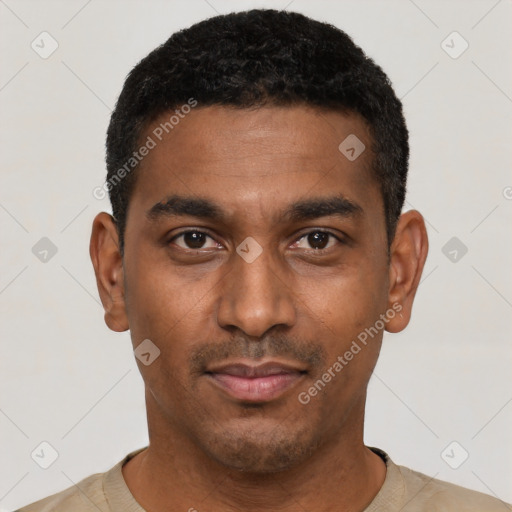 Neutral latino young-adult male with short  black hair and brown eyes
