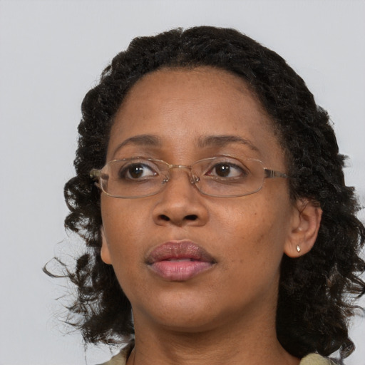Neutral black adult female with medium  brown hair and brown eyes