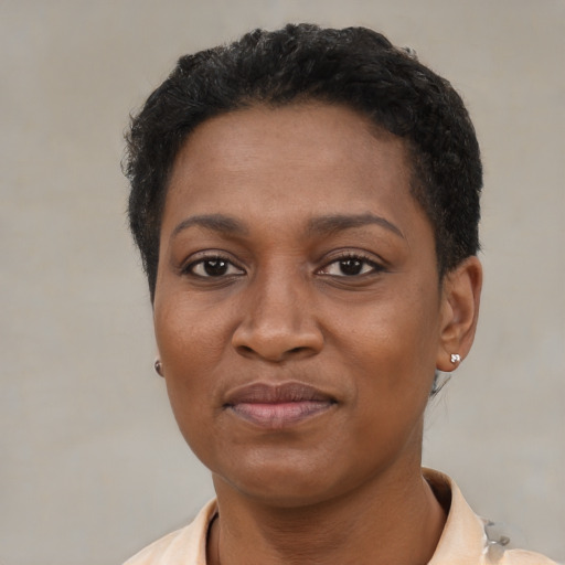 Joyful latino young-adult female with short  black hair and brown eyes