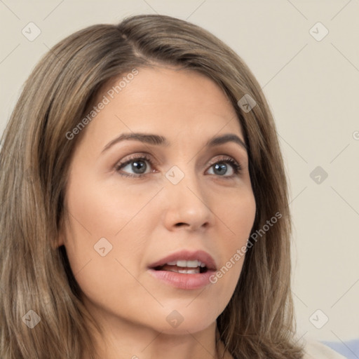 Neutral white young-adult female with medium  brown hair and brown eyes