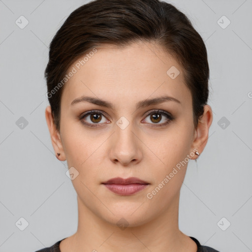 Neutral white young-adult female with short  brown hair and brown eyes