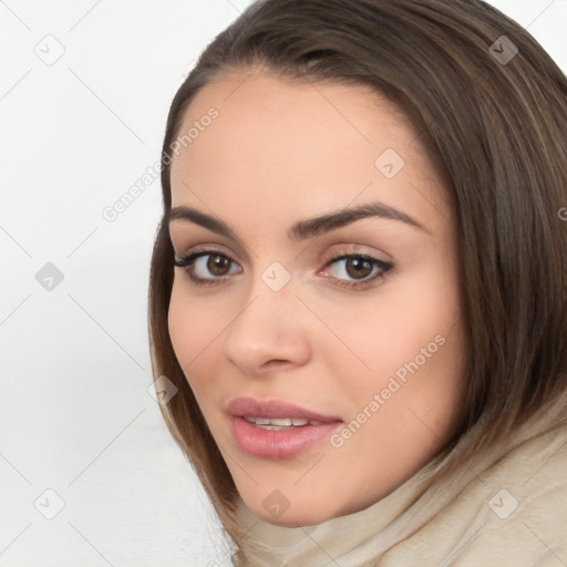 Neutral white young-adult female with long  brown hair and brown eyes